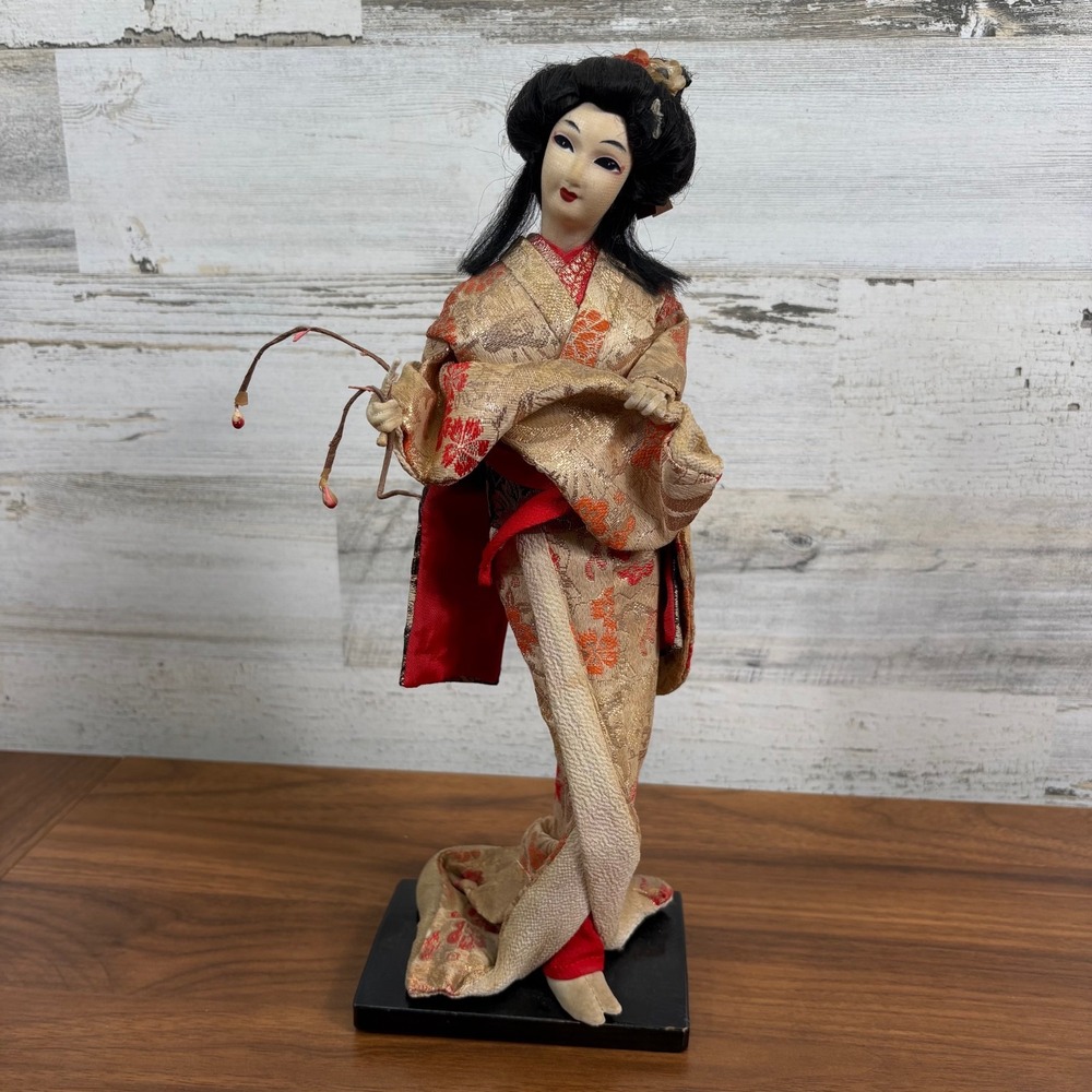 Vintage Japanese Geisha Black & Red‎ Kimono DOLL On Black Wood Stand 13" Tall